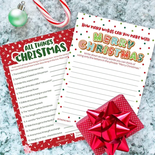 Miniatura 2 de DISTINCTIVS Juegos de Fiesta de Navidad, (Paquete de 2 Juegos) - Trivia de Todo sobre Navidad y Juego de Palabras Anagramas - 25 Tarjetas de Doble