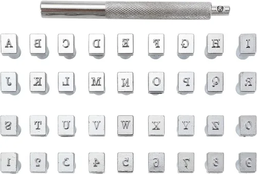 Yoption Juego de 36 piezas de sellos metálicos de letras y números, 26 herramientas de perforación de cuero con letras y números, para cinturón de