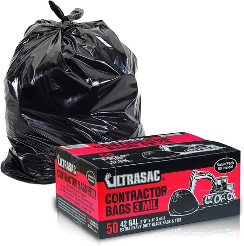 Ultrasac Bolsas para Contratistas de Servicio Pesado (PAQUETE DE 50 UNIDADES DE VALOR/con lazos), 42 galones, 32.75" X 47" - 3 MIL de grosor,