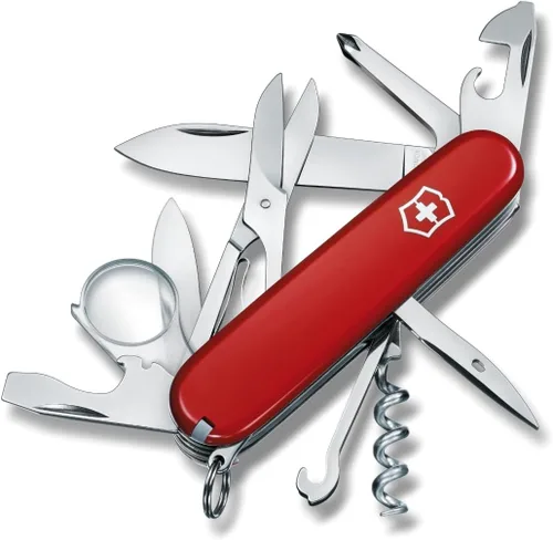 Victorinox Explorer Navaja Suiza, Navaja de Bolsillo de 16 Funciones Fabricada en Suiza con 2 Hojas, Sacacorchos, Tijeras y Destornilladores - Rojo