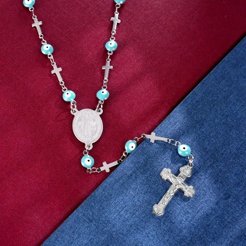 Miniatura 8 de FaithHeart Collar de cuentas de rosario católico, medalla de San Miguel, San Cristóbal, Virgen María y San Benito con dije de cruz, cuentas de 6