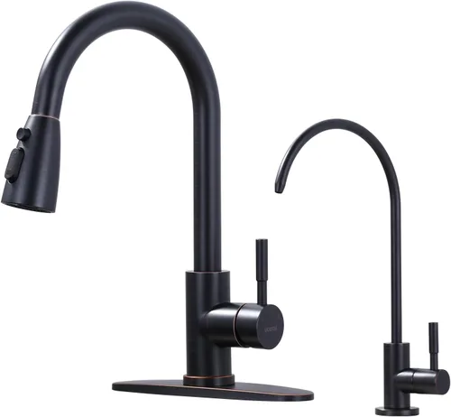 Miniatura 17 de WOWOW - Grifo de cocina cromado con rociador, grifo de fregadero de cocina extraíble de acero inoxidable con placa de cubierta, grifo de cocina
