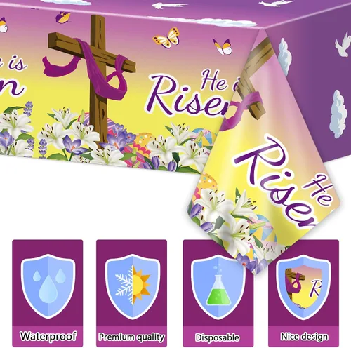 Miniatura 5 de 98 Piezas Decoraciones de Fiesta de Pascua He is Risen Juego de Vajilla de Pascua He is Risen Platos Religiosos Servilletas Mantel Kit