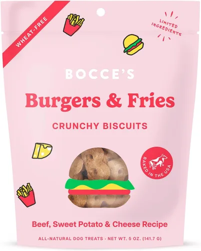 Bocce's Bakery - Premios para perros sin trigo de edición limitada, galletas de hamburguesas y papas fritas, 5 onzas