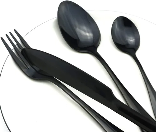 Miniatura 3 de Utensilios negros reutilizables con estuche, saludables y ecológicos, juego de vajilla portátil de acero inoxidable de 8 piezas, juego de vajilla