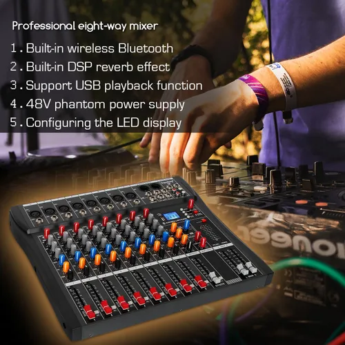 Miniatura 9 de Depusheng Mezclador de audio profesional de 8 canales, tablero de sonido DX8, interfaz de sistema de consola de mezcla de DJ, entrada USB MP3