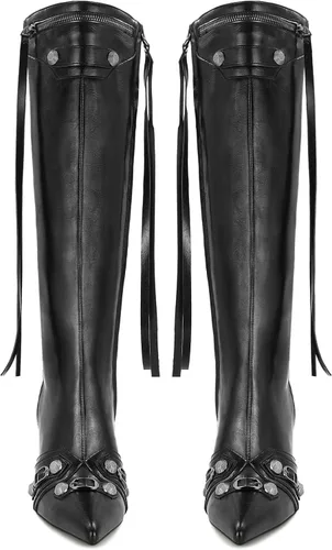 Miniatura 3 de Dsevht Botas altas hasta la rodilla negras de aguja para mujer, botas de tacón alto de moda con cremallera