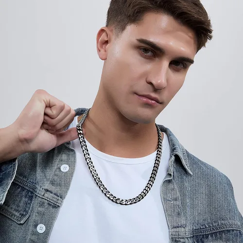Miniatura 38 de YAMI Cadena de eslabones cubanos para hombre, azul/negro/oro de 14 quilates, acero inoxidable de 0.394-0.472 in de grosor, collar de cadena