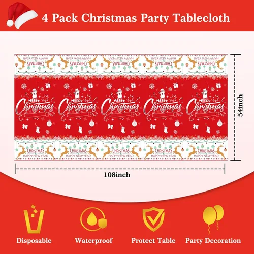 Miniatura 8 de Paquete de 3 manteles navideños desechables de plástico, manteles de mesa navideños rectangulares rojos para fiestas, con estampado de árbol