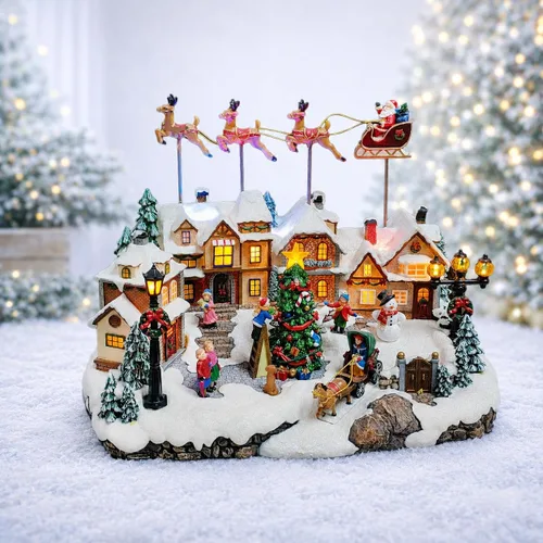 Miniatura 8 de MOMENTS IN TIME Decoración de centro de mesa de pueblo navideño Santa montando trineo volando sobre el centro del pueblo con luces LED y animación