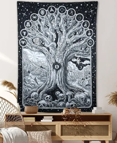 ZYLLGLOW Tapiz del zodiaco con diseño de árbol de la vida en blanco y negro para dormitorio, estético, malvado de ojo, serpiente, sol y luna,