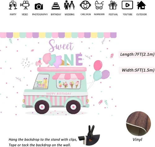Miniatura 5 de Lofaris Telón de fondo para tienda de helados con texto en inglés «Happy Birthday» Sweet One Summer Baby Girls Party Photography Background 1st