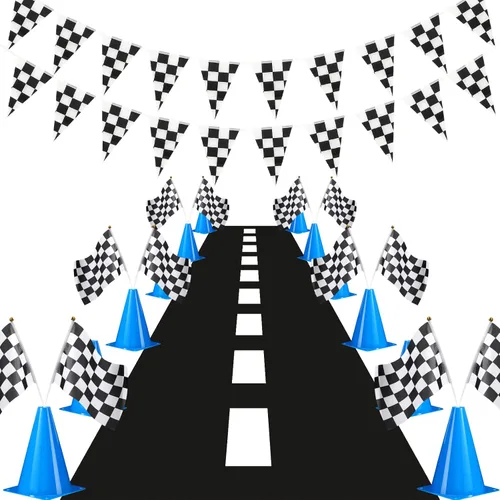 Skylety Juego de conos de tráfico y banderas a cuadros de carreras, incluye 12 conos de tráfico de plástico, 12 banderas con palos, banderín a Azul