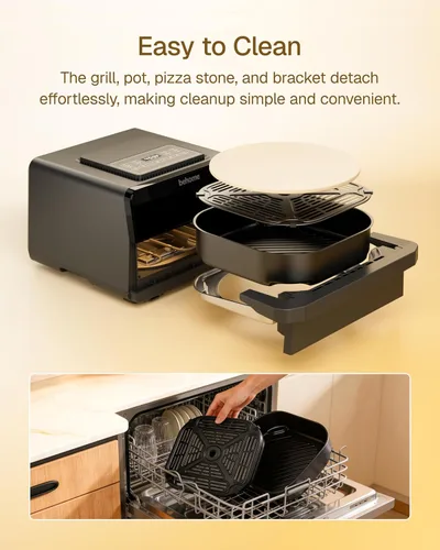 Miniatura 8 de Behome Horno de pizza para interiores y freidora de aire, tamaño familiar de 6.5 cuartos de galón con piedra para pizza, 9 preajustes de cocción