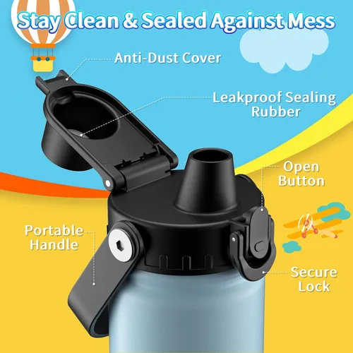 Miniatura 3 de baab Botella de Agua para Niños de 18 oz, Botella de Agua Aislada para Niños con Tapa de Boquilla Bloqueable y Calcomanías, Taza de Agua para Niños