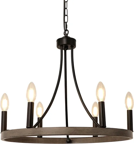 Miniatura 8 de Candelabro de rueda de vagón, 6 luces, rústico, rústico, de granja, de metal negro, lámpara de comedor de madera, candelabros redondos para entrada