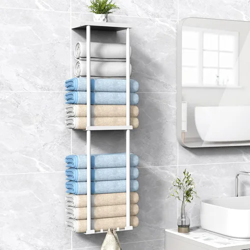 Miniatura 8 de Liuoud Toallero para Baño, Organizador Portador de Almacenamiento de Toallas Enrolladas Vertical Montado en la Pared con Estante, Sostiene Hasta 6
