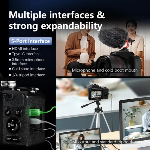 Miniatura 9 de Cámara digital de 8K y 64MP para fotografía, zoom de 48X (óptico 16X + 3X digital) con modo luna, pantalla abatible de 180°, WiFi, micro HDMI