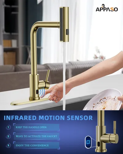 Miniatura 2 de APPASO Grifo de Cocina Dorado Sin Contacto con Rociador Desplegable, Grifo de Fregadero de Cocina con Sensor de Movimiento Tipo Cascada con Mango