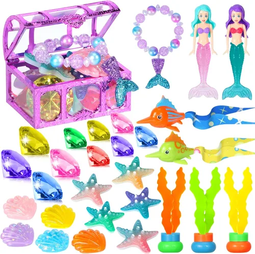 VGOFUN Juguetes de piscina de buceo para niños de 3 a 12 años, 31 piezas de juguetes de sirena para piscina, juguetes de gemas de buceo con cofre