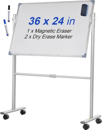 VEVOR Pizarra blanca magnética móvil, 36 x 24 pulgadas, doble cara, pizarra de borrado en seco reversible de 360 grados, altura ajustable con marco