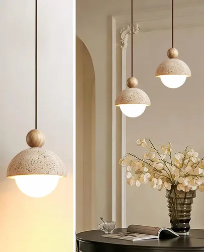 Miniatura 10 de Lámpara colgante con enchufe Wabi Sabi estilo japonés retro vintage esférico piedra natural amarillo travertino lámpara colgante enchufe