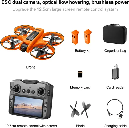 Miniatura 9 de Avión teledirigido RC con pantalla en el controlador (12.5 cm), cámara dual UHD, motor sin escobillas, posicionamiento por flujo óptico, protección