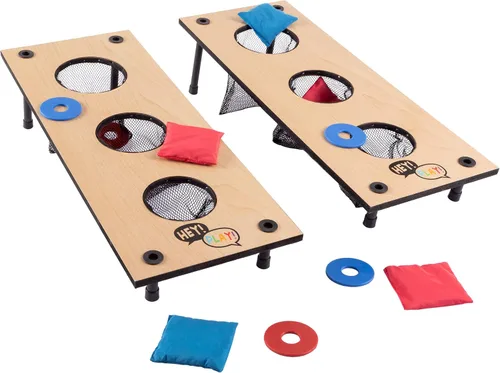 HEY! PLAY! Juego de arandelas 2 en 1 y juego de lanzamiento de bolsas de frijoles, para interiores o exteriores, juegos clásicos de madera para