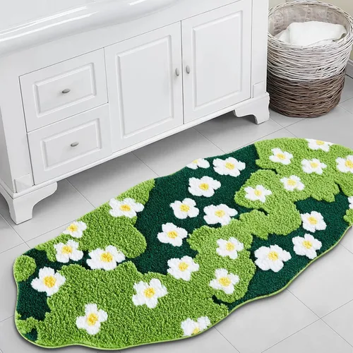 Miniatura 12 de Bonita Alfombra de Baño Verde Floral Hierba Primavera Flor Margarita Alfombras de Baño Antideslizantes Lavables a Máquina Súper Absorbentes