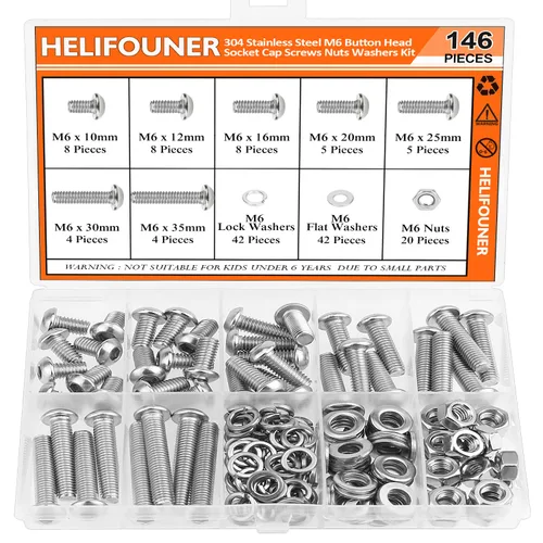 Miniatura 10 de HELIFOUNER 120 piezas M6 x 0.394 in /0.472 in /0.630 in /0.787 in /0.984 in /1.181 in /1.378 in, cabeza hexagonal, tornillos, arandelas, tuercas