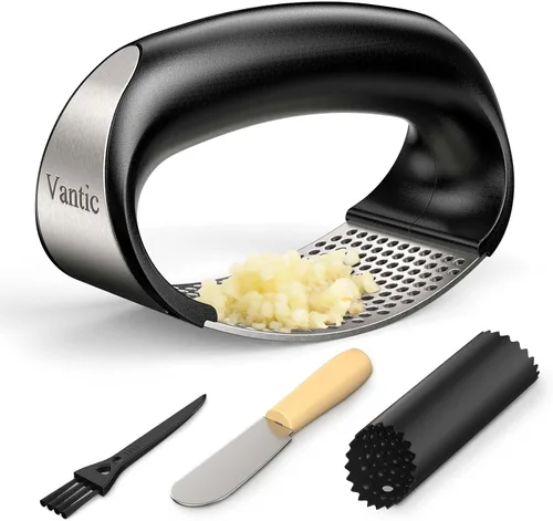Vantic Prensa de Ajo Basculante - Trituradora de Ajo de Acero Inoxidable, Picadora y Cortadora con Pelador y Raspador, Utensilio de Cocina Fácil
