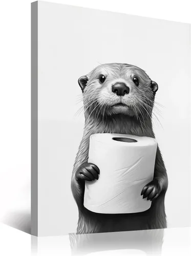 Miniatura 14 de Arte de pared enmarcado para baño, arte de pared divertido para decoración de baño, impresiones artísticas de animales de foca sosteniendo pañuelo