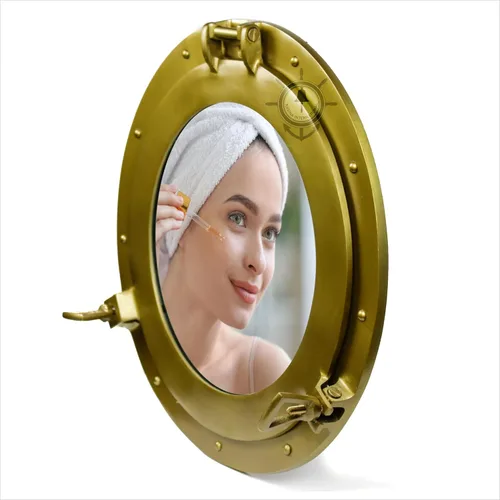 Miniatura 6 de Nagina International Espejo y ventanas de buey náutico con acabado de latón antiguo con recubrimiento en polvo, espejo de decoración de pared