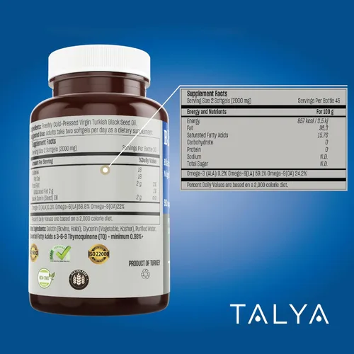 Miniatura 7 de TALYA Softgel de aceite de semilla negra con alta timoquinona, apoyo inmunológico, salud digestiva, función cerebral, movilidad articular, prensado