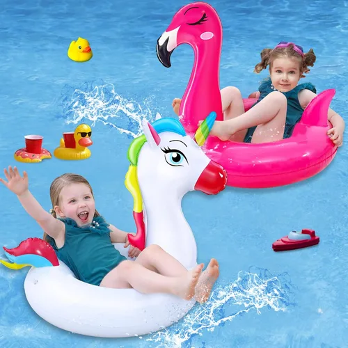 Miniatura 2 de Paquete de 2 flotadores inflables de flamenco y unicornio para niños de 3 a 8 años, flotadores divertidos, balsas, tubos de piscina, decoraciones