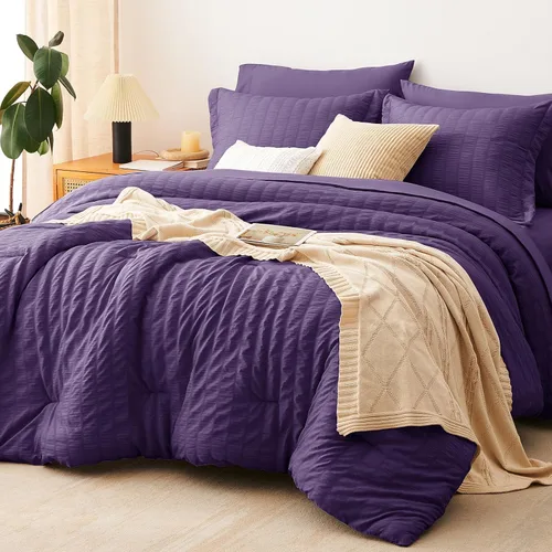 Miniatura 38 de CozyLux Juego de ropa de cama con edredón tamaño King Beige Seersucker de 7 piezas, juego de cama en una bolsa, con edredón, sábanas, fundas