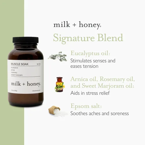 Miniatura 4 de milk + honey Muscle and Bath Soak No. 18, baño hidratante de sal de Epsom con eucalipto, árnica, romero y mejorana dulce, 10 onzas