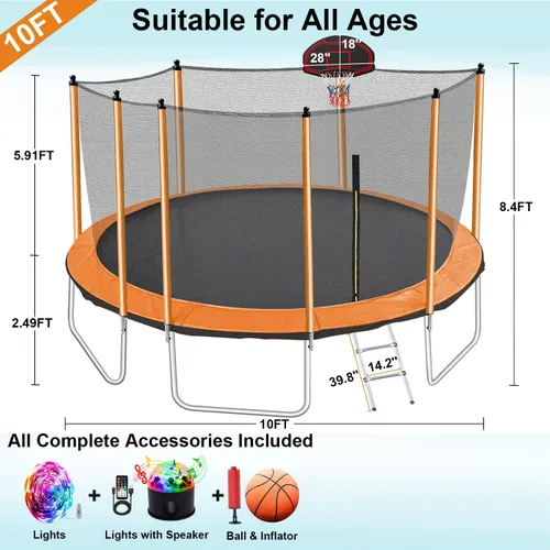 Miniatura 6 de Yoluckea 1500 libras 10 12 14 15 16 pies para adultos y niños con rociador, luces, aro de baloncesto, bolas de agua, 16 calcetines, trampolín