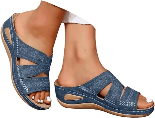 Miniatura 8 de Sandalias ortopédicas para mujer, plataforma elegante, tacón de cuña, sin cordones, puntera abierta, sandalias ortopédicas casuales de verano Rosa