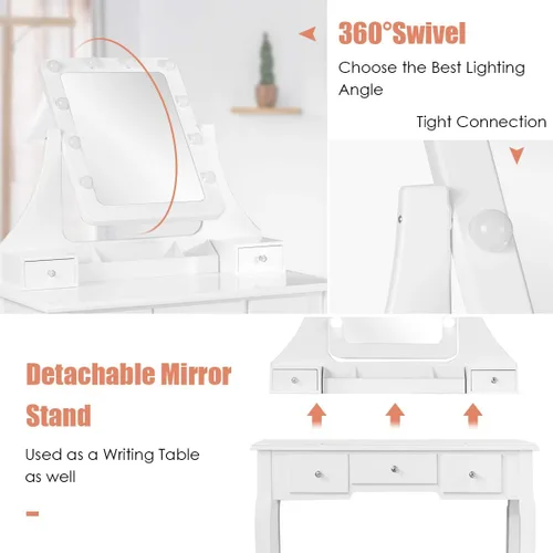 Miniatura 5 de COSTWAY Juego de escritorio de tocador con espejo iluminado, escritorio giratorio de 360° con 10 bombillas LED, tocador de maquillaje con 5 cajones