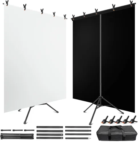 Miniatura 10 de Kit de soporte de telón de fondo para fotos de JEBUTU, fondo de fotos, telón de fondo blanco negro de 26.8x50 pulgadas con soporte de mesa