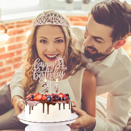 Miniatura 2 de Decoraciones de cumpleaños de 24 años para mujeres, incluyendo banda de cumpleaños, tiara/corona, velas numéricas y decoración de pastel, regalos