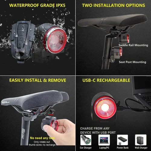 Miniatura 6 de Padonow Smart Bike Tail Light: Auto On/Off Rear Bicycle Flashlight Ultra Bright Back Brake Light High Lumen Daytime Strobe USB Rechargeable Safety