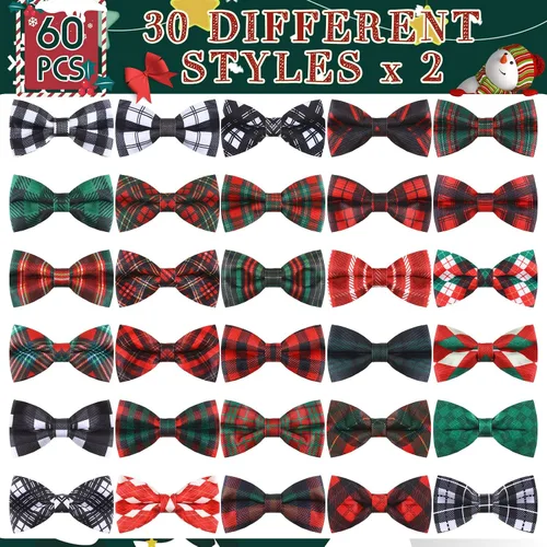 Miniatura 4 de Silkfly 60 piezas de collar de perro a cuadros de Navidad, corbatín a granel, accesorios de vacaciones, lazos para cachorros, collares desmontables