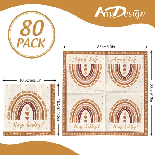 Miniatura 2 de AnyDesign Paquete de 80 servilletas de papel boho arcoíris Hey Baby Party Luncheon Servilletas retro desechables decorativas para baby shower