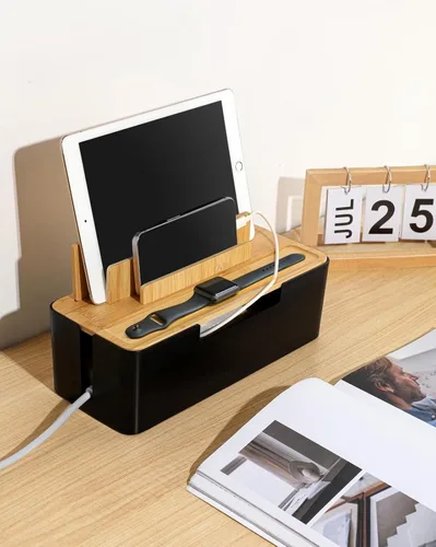 Miniatura 6 de Caja de organización de cables con tapa de madera, organizador multidispositivo para teléfonos/tabletas/relojes inteligentes, organizador de cables
