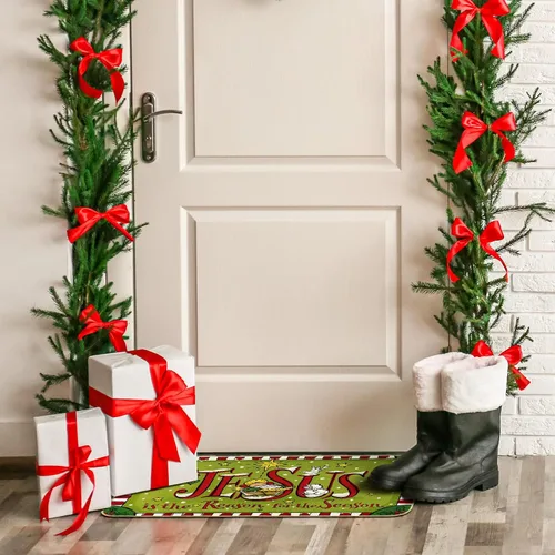 Miniatura 5 de Whaline Tapete de Navidad rojo y verde, tapete antideslizante para puerta delantera, tapete decorativo de Navidad para interiores, exteriores