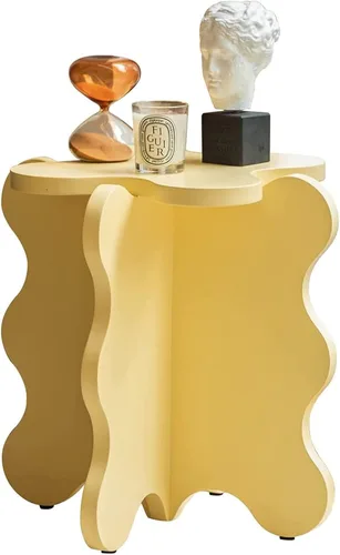 Miniatura 3 de HM&DX Mini mesa de centro de pétalos, mesa auxiliar de madera maciza con ondas de dibujos animados con patas en forma de X, mesas auxiliares