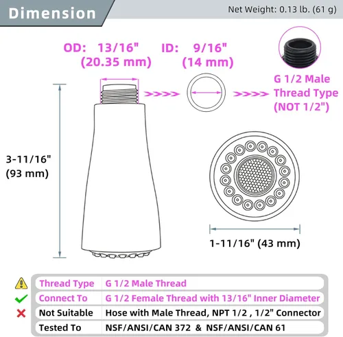 Miniatura 2 de Angle Simple Reemplazo de cabezal de grifo de cocina, rosca macho G de 1/2 o 13/16 pulgadas, prueba NSF/ANSI/CAN 61 y 372, piezas de repuesto