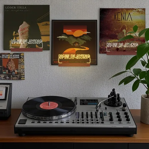 Miniatura 6 de OkiyiD Soporte de discos de vinilo Now Playing, soporte de discos iluminado con luz, soporte de exhibición de decoración, base de madera con luces